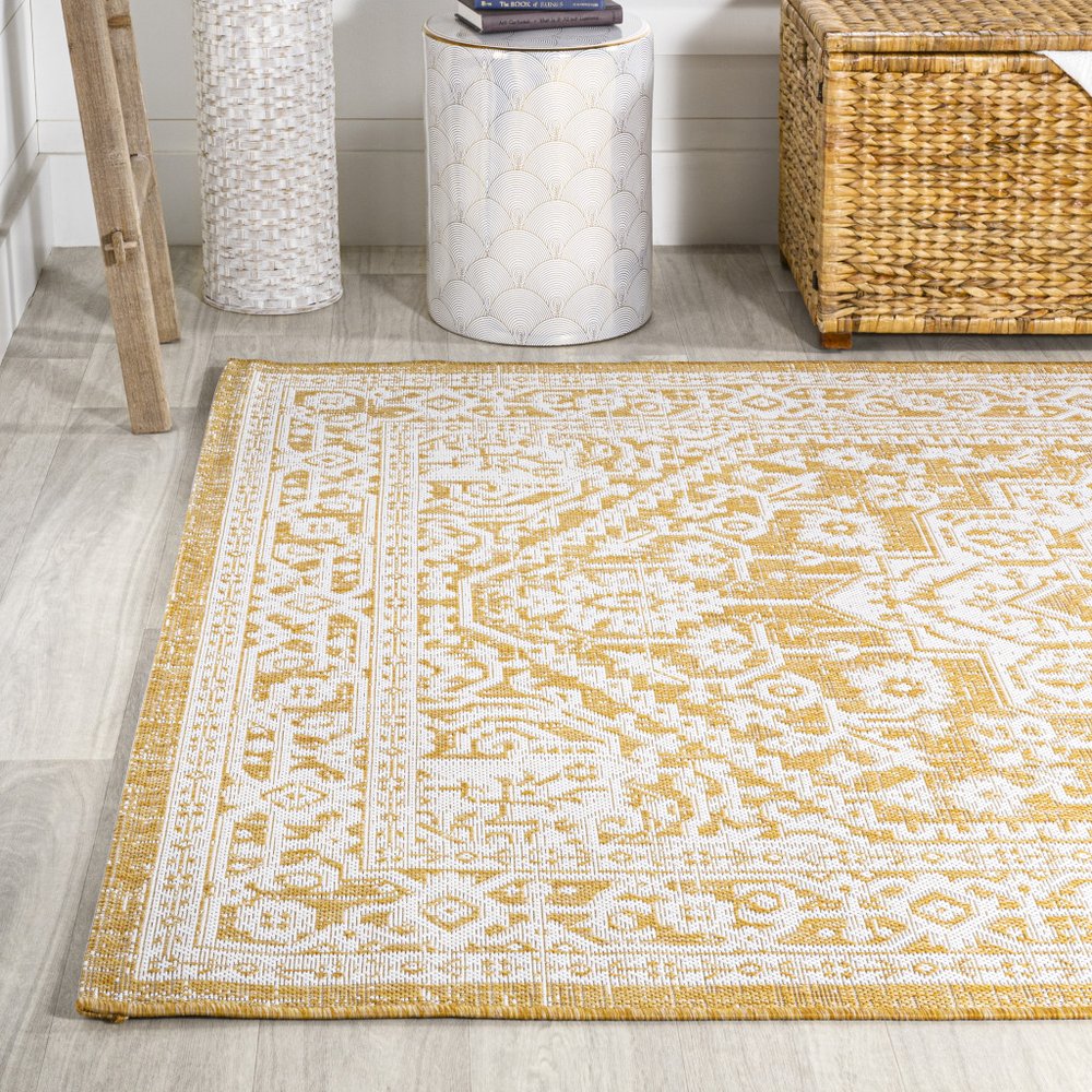 9' X 12' Yellow And Cream Medallion Indoor Outdoor Area Rug