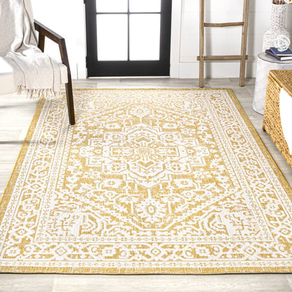 9' X 12' Yellow And Cream Medallion Indoor Outdoor Area Rug