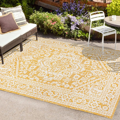 9' X 12' Yellow And Cream Medallion Indoor Outdoor Area Rug