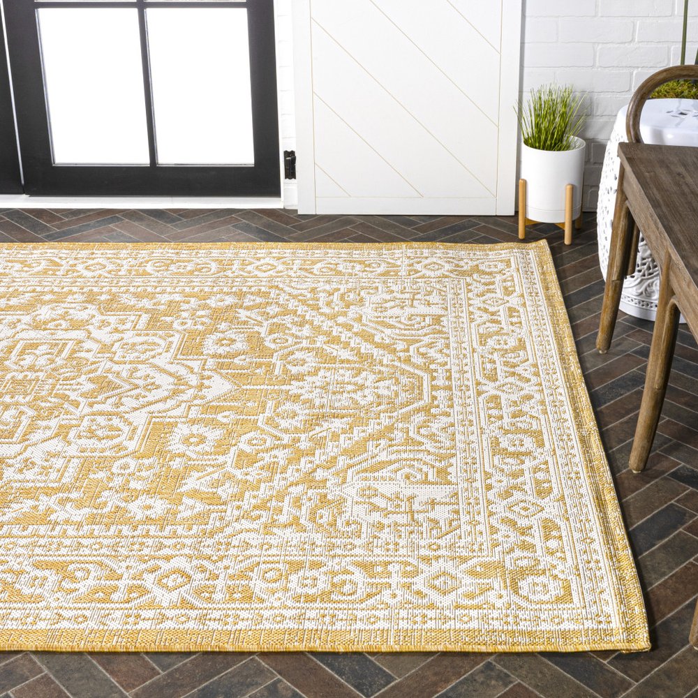 9' X 12' Yellow And Cream Medallion Indoor Outdoor Area Rug