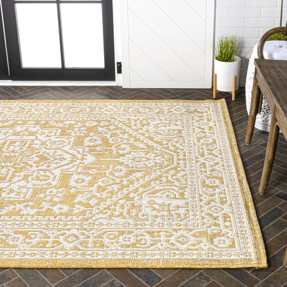 9' X 12' Yellow And Cream Medallion Indoor Outdoor Area Rug