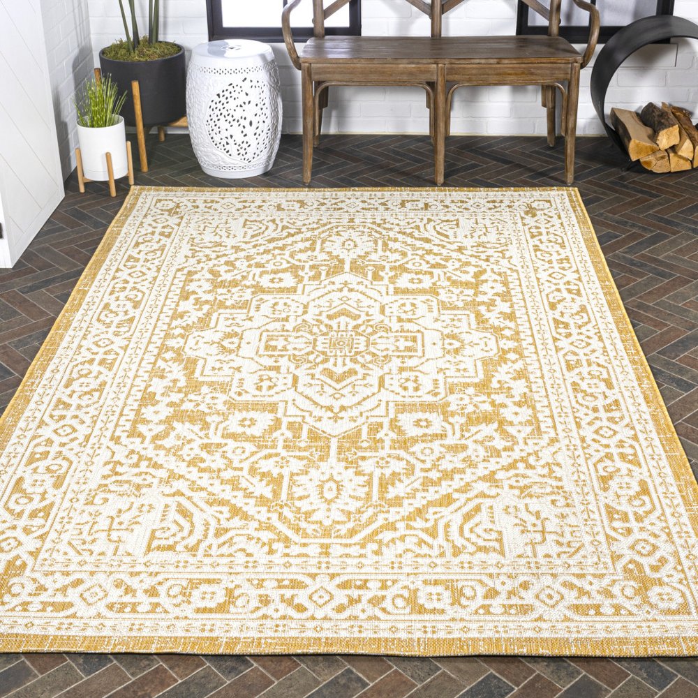 9' X 12' Yellow And Cream Medallion Indoor Outdoor Area Rug