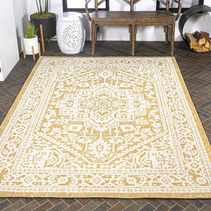 9' X 12' Yellow And Cream Medallion Indoor Outdoor Area Rug