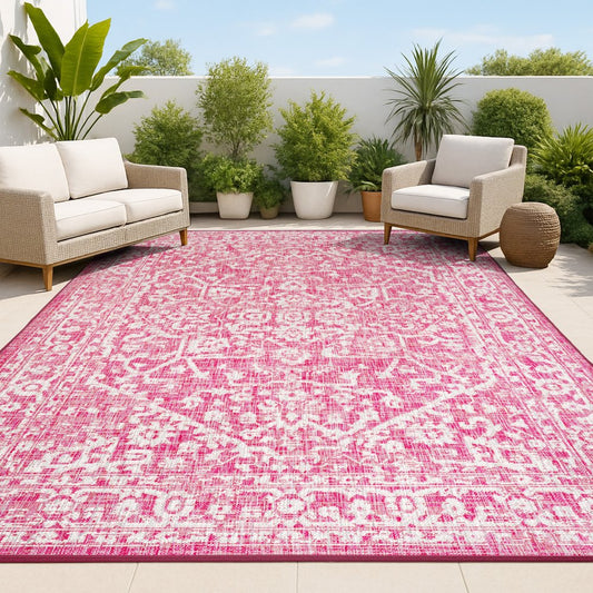 9' X 12' Fuchsia And Light Gray Medallion Indoor Outdoor Area Rug
