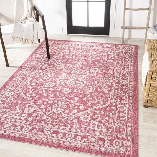 9' X 12' Fuchsia And Light Gray Medallion Indoor Outdoor Area Rug