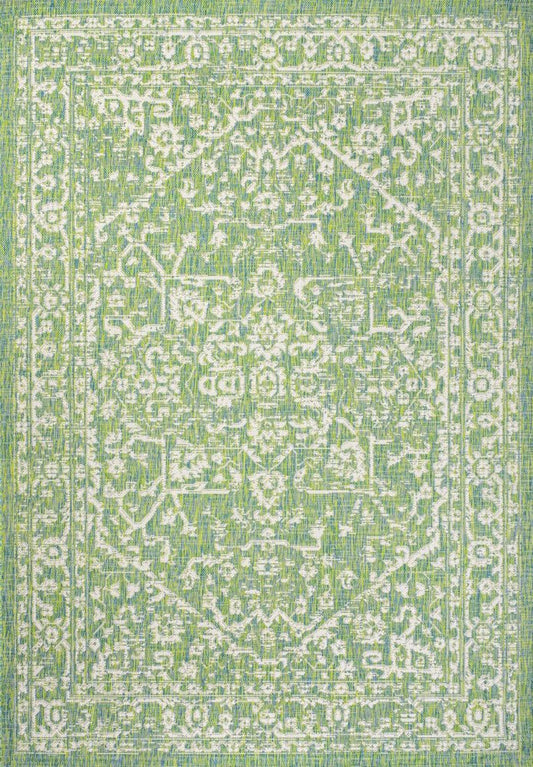 9' X 12' Cream And Green Medallion Indoor Outdoor Area Rug