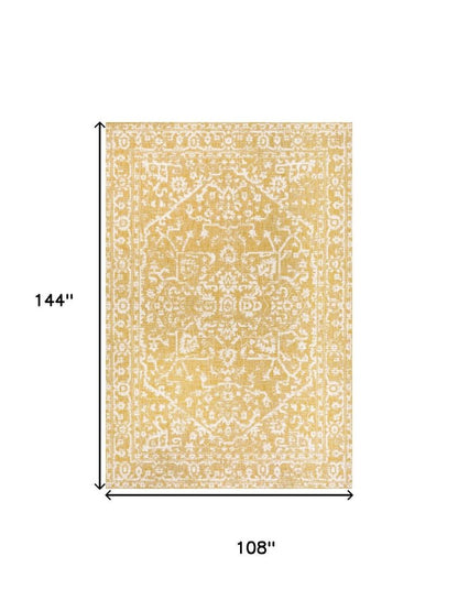 9' X 12' Yellow And Cream Medallion Indoor Outdoor Area Rug