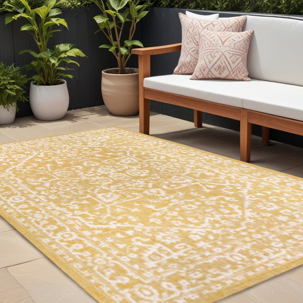 9' X 12' Yellow And Cream Medallion Indoor Outdoor Area Rug