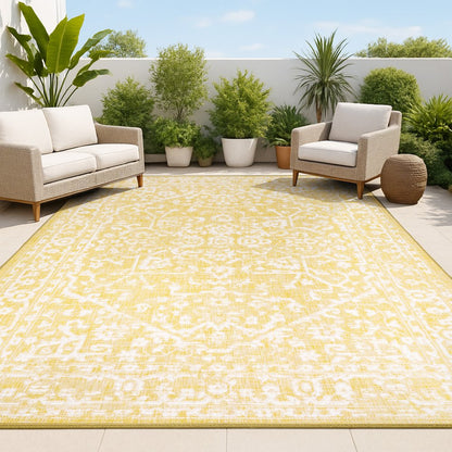 9' X 12' Yellow And Cream Medallion Indoor Outdoor Area Rug