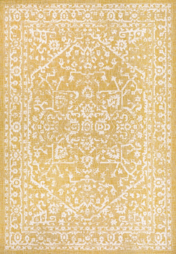 9' X 12' Yellow And Cream Medallion Indoor Outdoor Area Rug