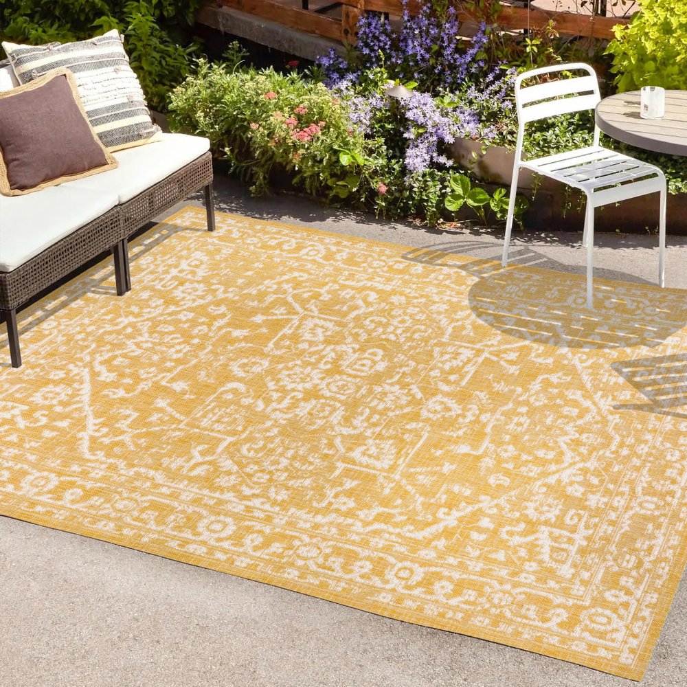 9' X 12' Yellow And Cream Medallion Indoor Outdoor Area Rug