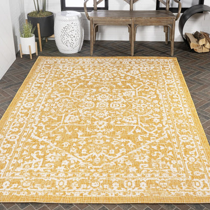 9' X 12' Yellow And Cream Medallion Indoor Outdoor Area Rug