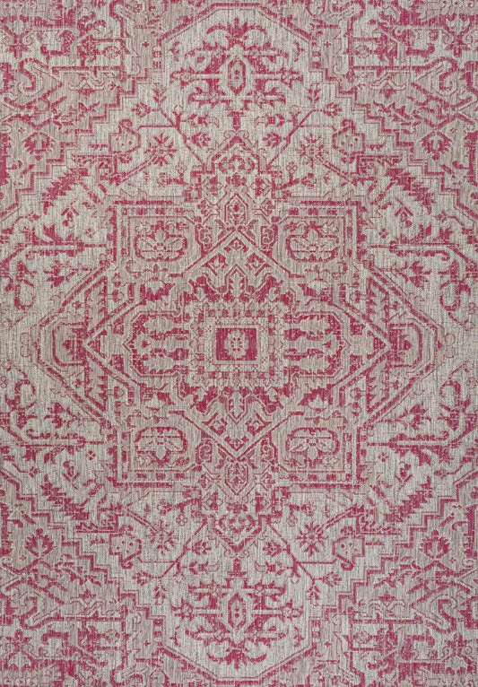 9' X 12' Light Gray And Fuchsia Medallion Indoor Outdoor Area Rug