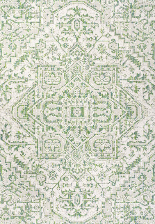 9' X 12' Green And Cream Medallion Indoor Outdoor Area Rug