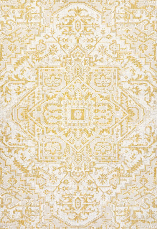 9' X 12' Cream And Yellow Medallion Indoor Outdoor Area Rug