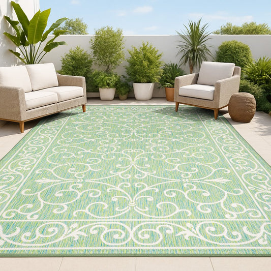 9' X 12' Green And Ivory Medallion Indoor Outdoor Area Rug