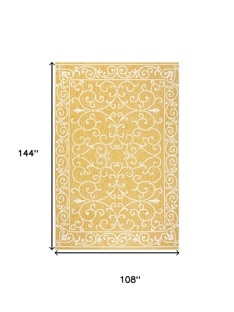 9' X 12' Yellow And Cream Medallion Indoor Outdoor Area Rug