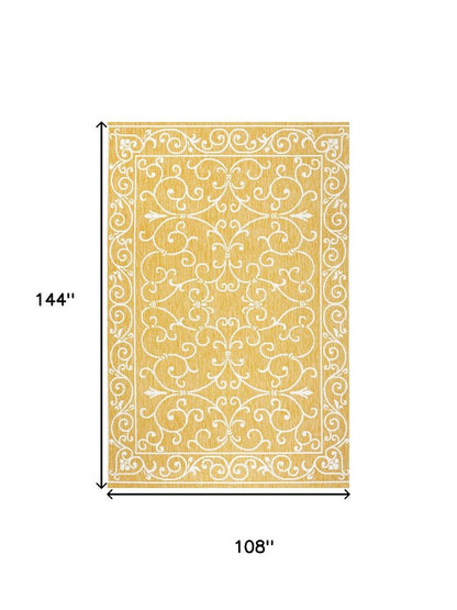 9' X 12' Yellow And Cream Medallion Indoor Outdoor Area Rug