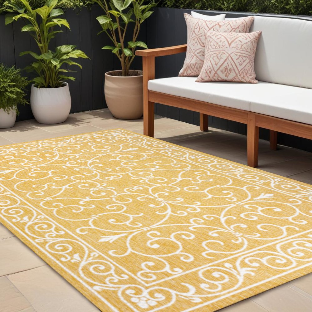 9' X 12' Yellow And Cream Medallion Indoor Outdoor Area Rug