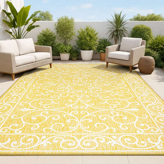9' X 12' Yellow And Cream Medallion Indoor Outdoor Area Rug