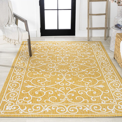 9' X 12' Yellow And Cream Medallion Indoor Outdoor Area Rug