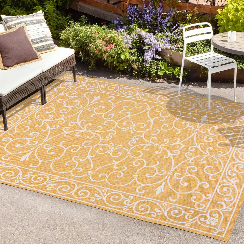 9' X 12' Yellow And Cream Medallion Indoor Outdoor Area Rug