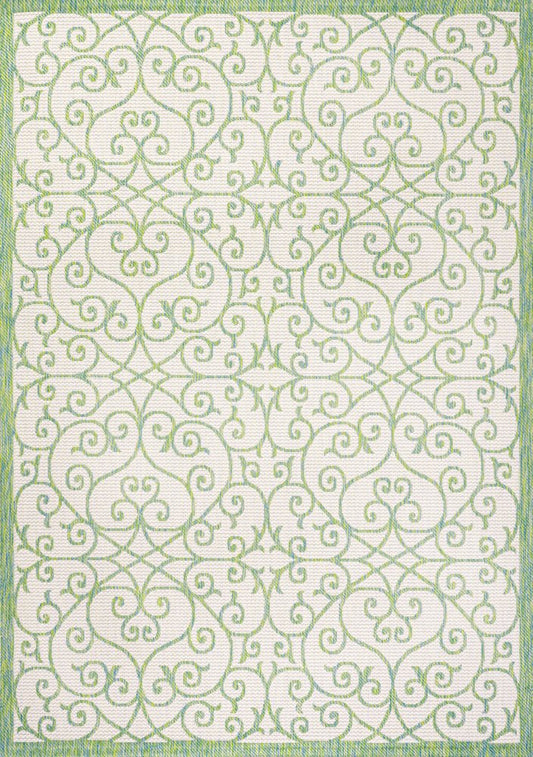 9' X 12' Cream And Green Geometric Indoor Outdoor Area Rug
