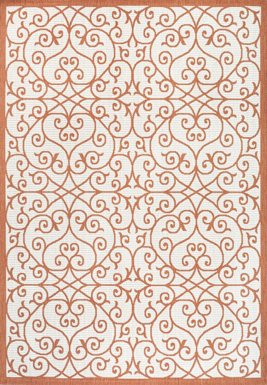 9' X 12' Cream And Orange Geometric Indoor Outdoor Area Rug