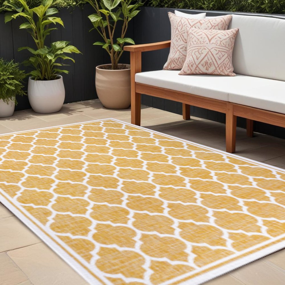9' X 12' Yellow And Cream Geometric Indoor Outdoor Area Rug