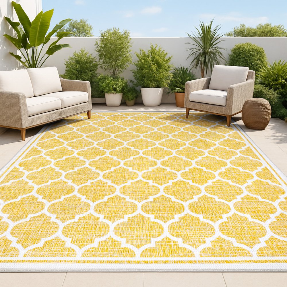 9' X 12' Yellow And Cream Geometric Indoor Outdoor Area Rug