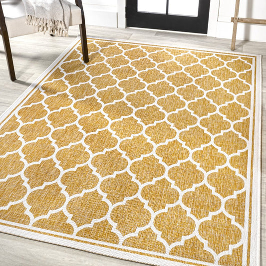 9' X 12' Yellow And Cream Geometric Indoor Outdoor Area Rug