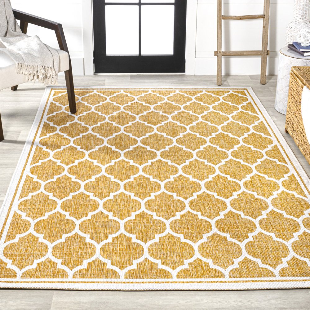 9' X 12' Yellow And Cream Geometric Indoor Outdoor Area Rug