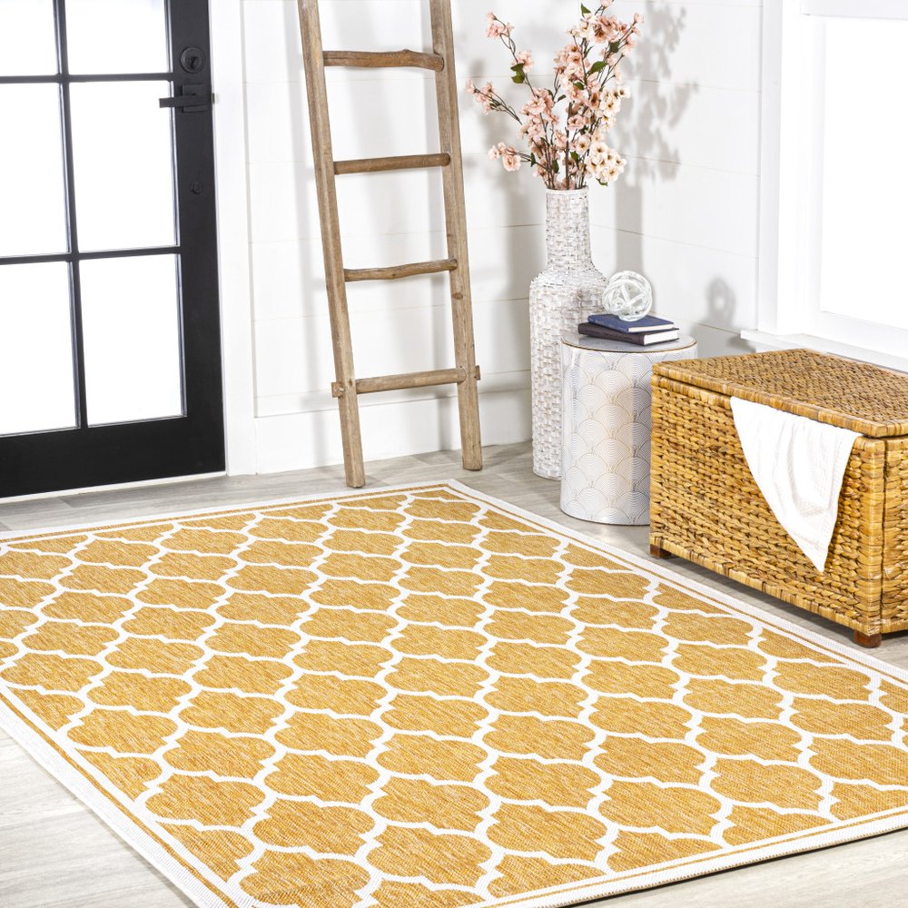 9' X 12' Yellow And Cream Geometric Indoor Outdoor Area Rug