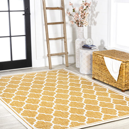 9' X 12' Yellow And Cream Geometric Indoor Outdoor Area Rug