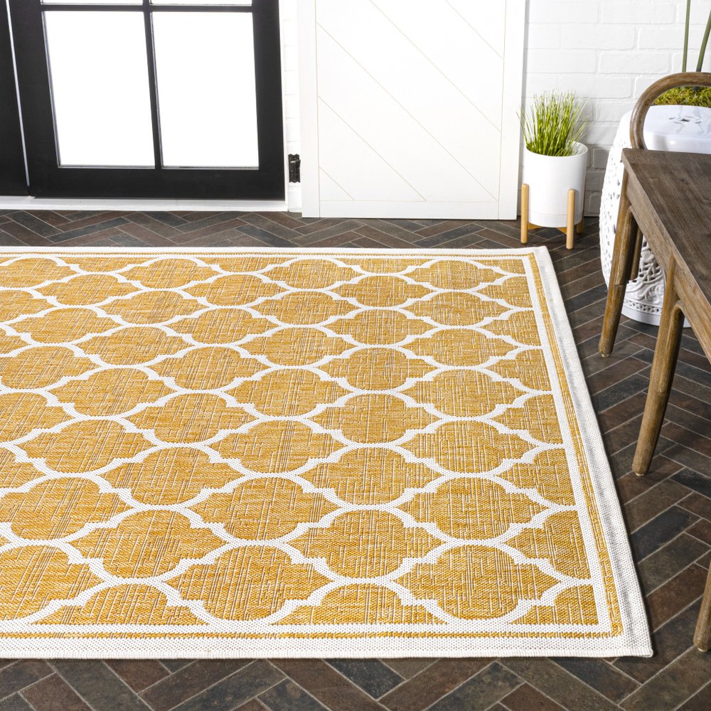 9' X 12' Yellow And Cream Geometric Indoor Outdoor Area Rug