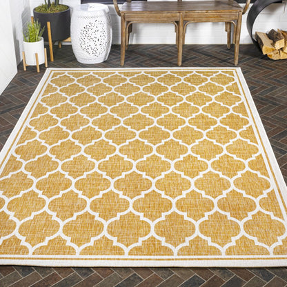 9' X 12' Yellow And Cream Geometric Indoor Outdoor Area Rug