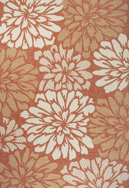9' X 12' Orange And Cream Floral Indoor Outdoor Area Rug