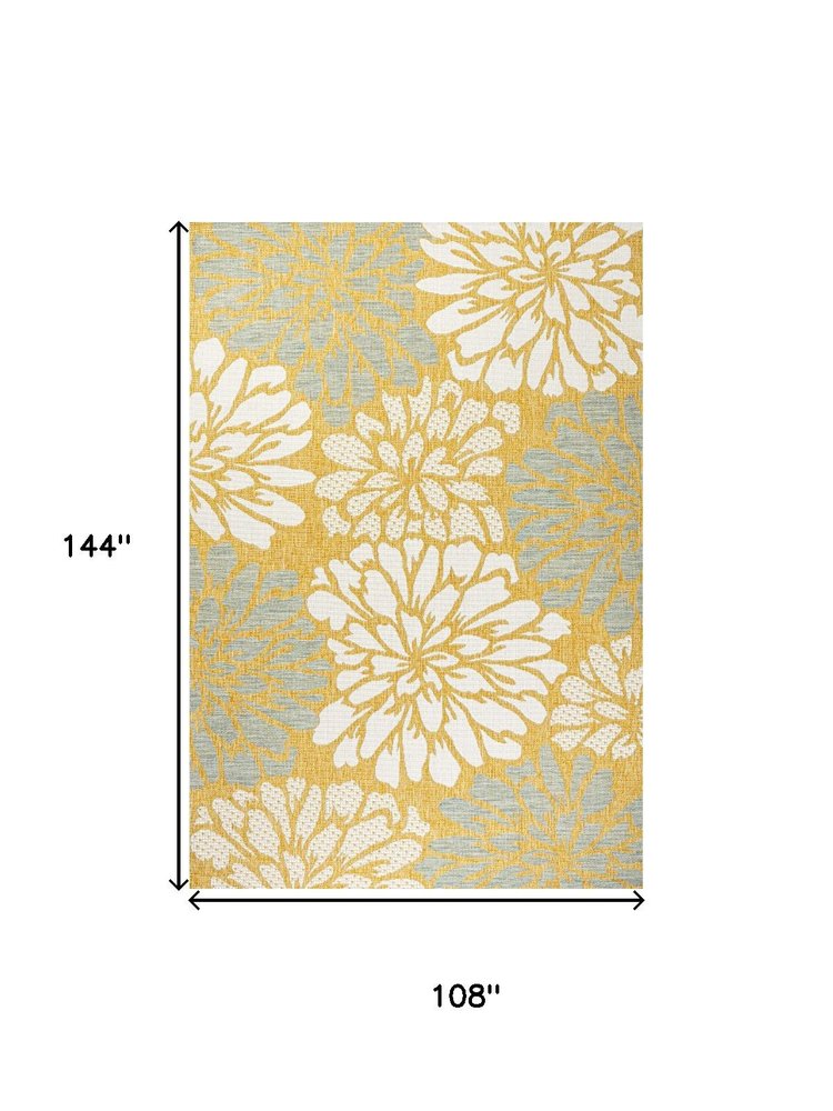 9' X 12' Yellow And Cream Floral Indoor Outdoor Area Rug