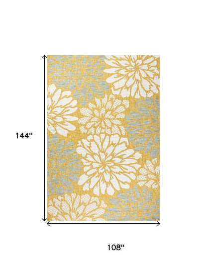 9' X 12' Yellow And Cream Floral Indoor Outdoor Area Rug