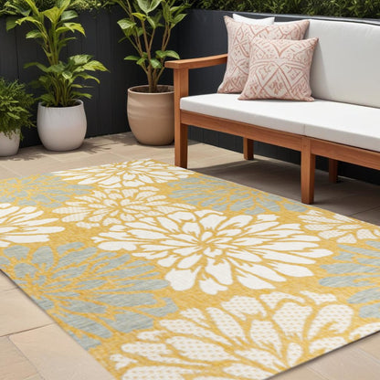 9' X 12' Yellow And Cream Floral Indoor Outdoor Area Rug