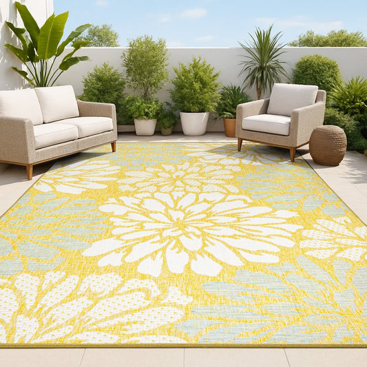 9' X 12' Yellow And Cream Floral Indoor Outdoor Area Rug