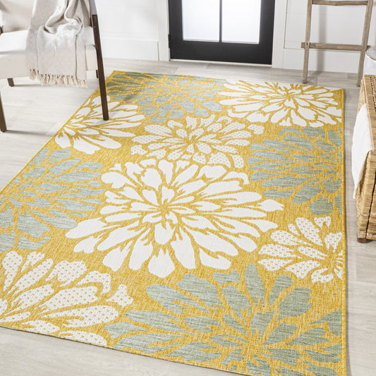 9' X 12' Yellow And Cream Floral Indoor Outdoor Area Rug
