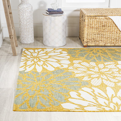 9' X 12' Yellow And Cream Floral Indoor Outdoor Area Rug