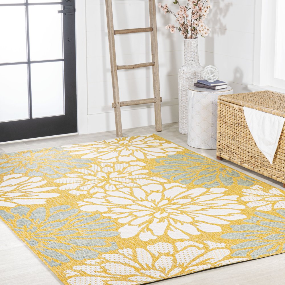 9' X 12' Yellow And Cream Floral Indoor Outdoor Area Rug