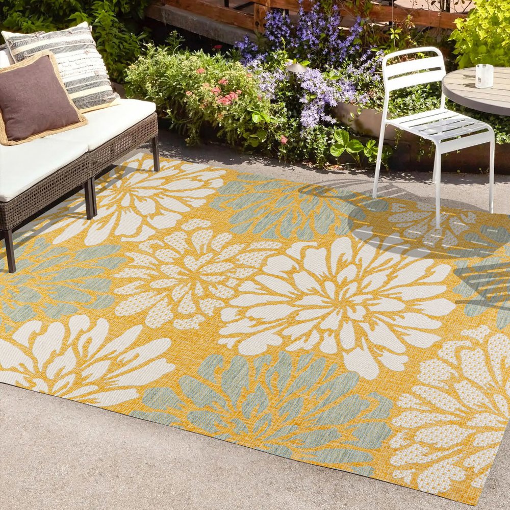 9' X 12' Yellow And Cream Floral Indoor Outdoor Area Rug