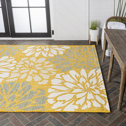 9' X 12' Yellow And Cream Floral Indoor Outdoor Area Rug