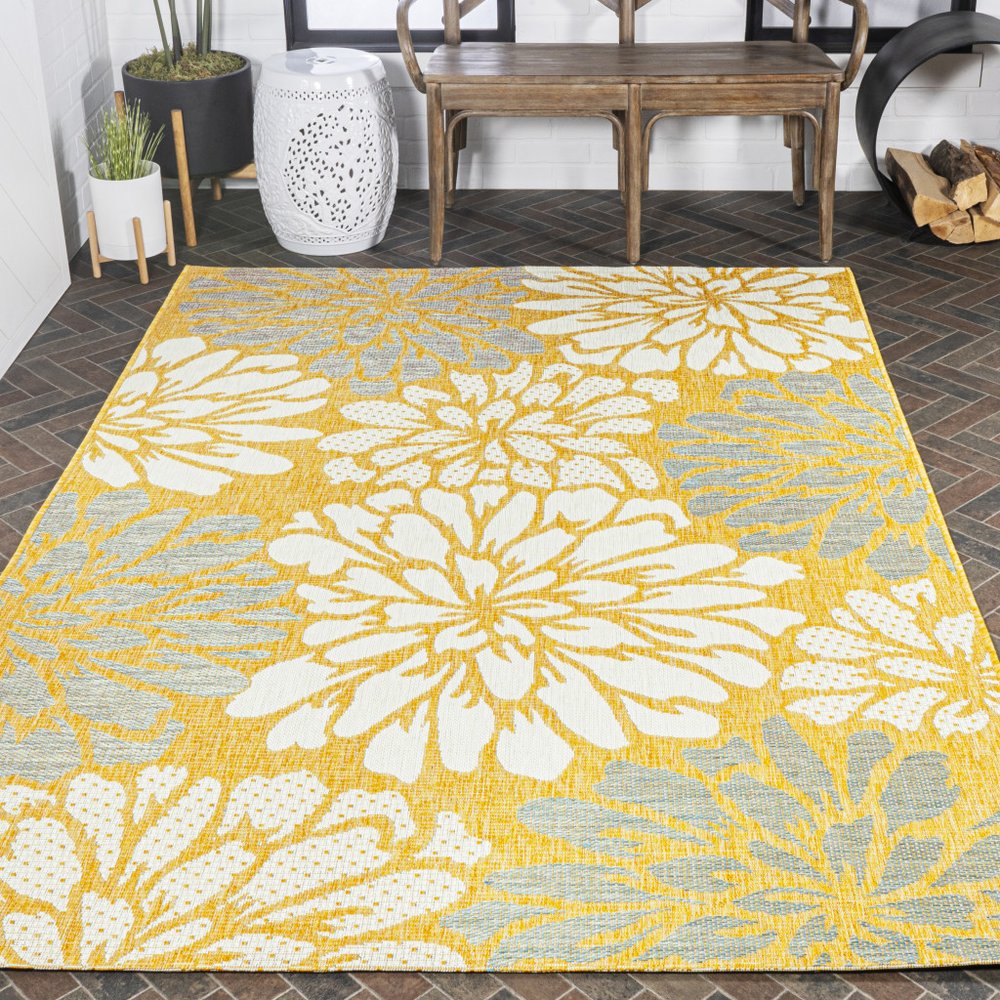 9' X 12' Yellow And Cream Floral Indoor Outdoor Area Rug