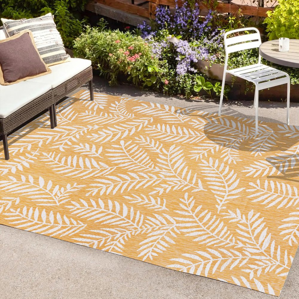 9' X 12' Yellow And Cream Floral Indoor Outdoor Area Rug