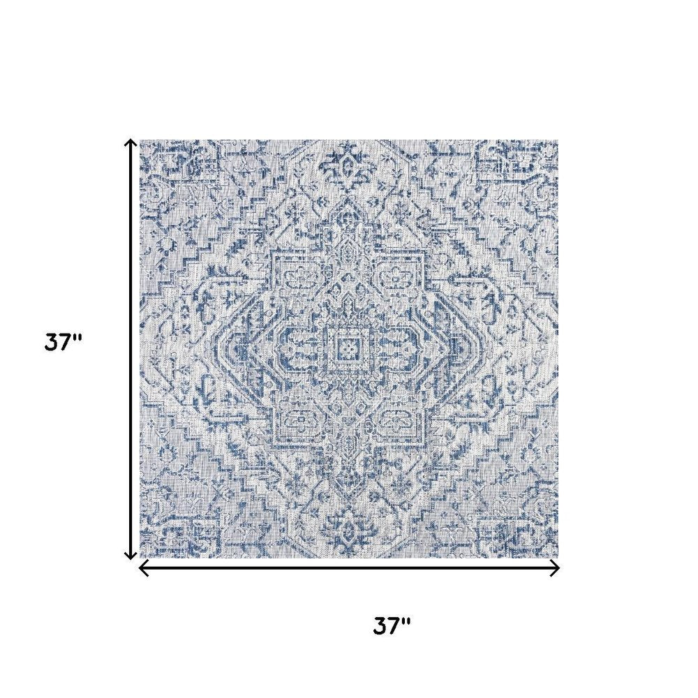 3' Navy Blue And Gray Square Medallion Indoor Outdoor Area Rug