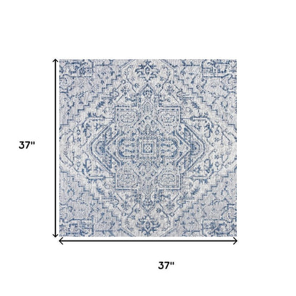 3' Navy Blue And Gray Square Medallion Indoor Outdoor Area Rug